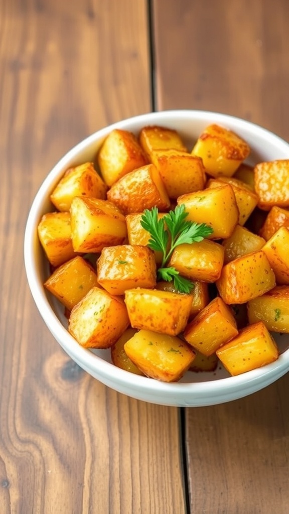 Crispy air fryer potatoes in a bowl, garnished with parsley, on a rustic wooden table.